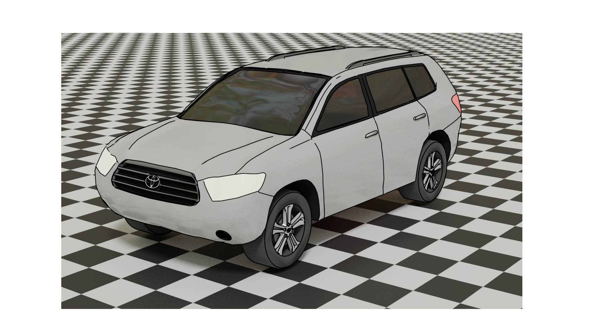 Rendered image of low-poly, silver, 2009 Toyota Highlander sitting on a checkerboard floor taken from the front driver side corner.