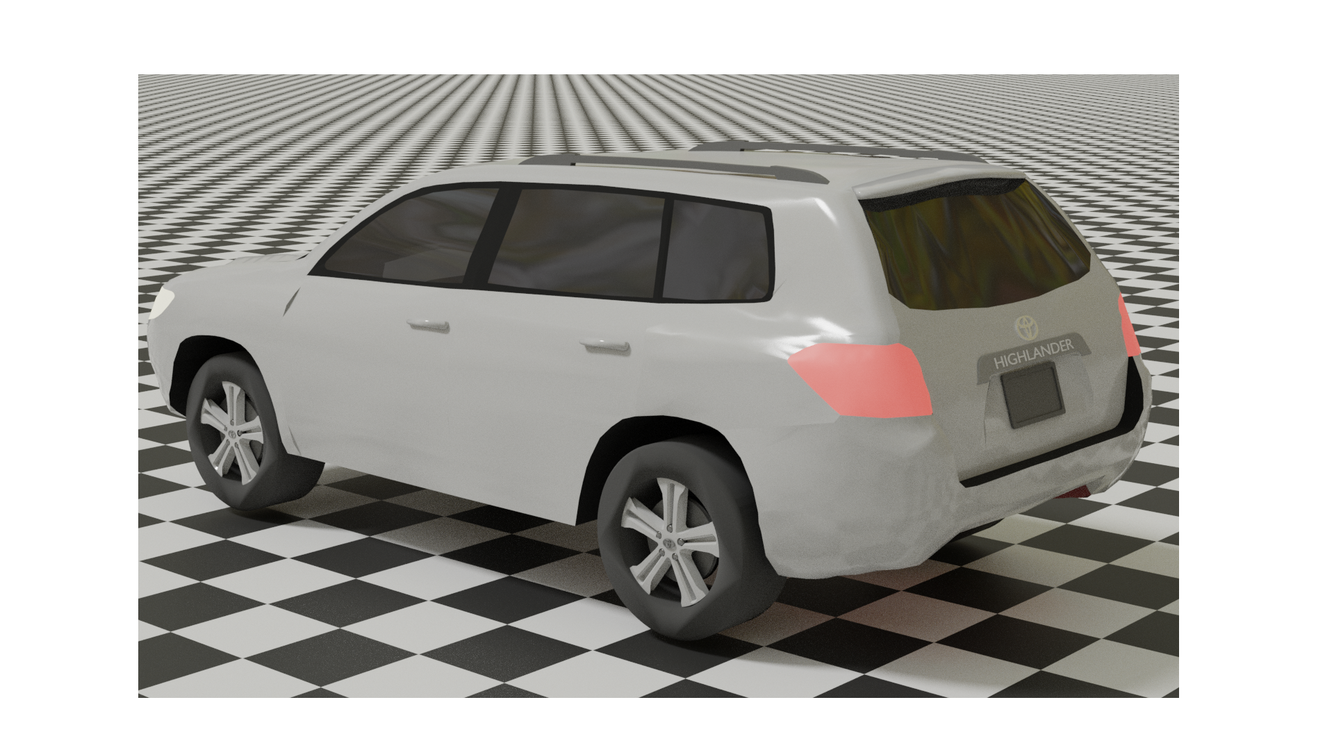 Rendered image of low-poly, silver, 2009 Toyota Highlander sitting on a checkerboard floor taken from the back driver side corner.
