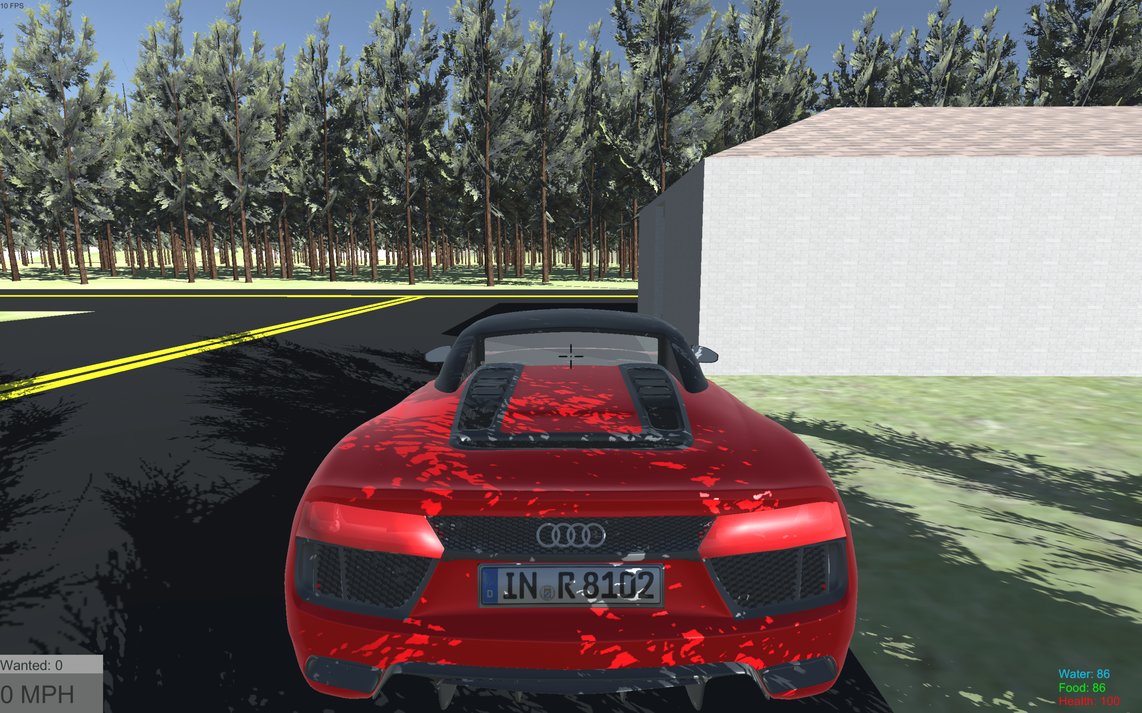 Parked virtual red Audi R8 sits next to white building with forest in the distance