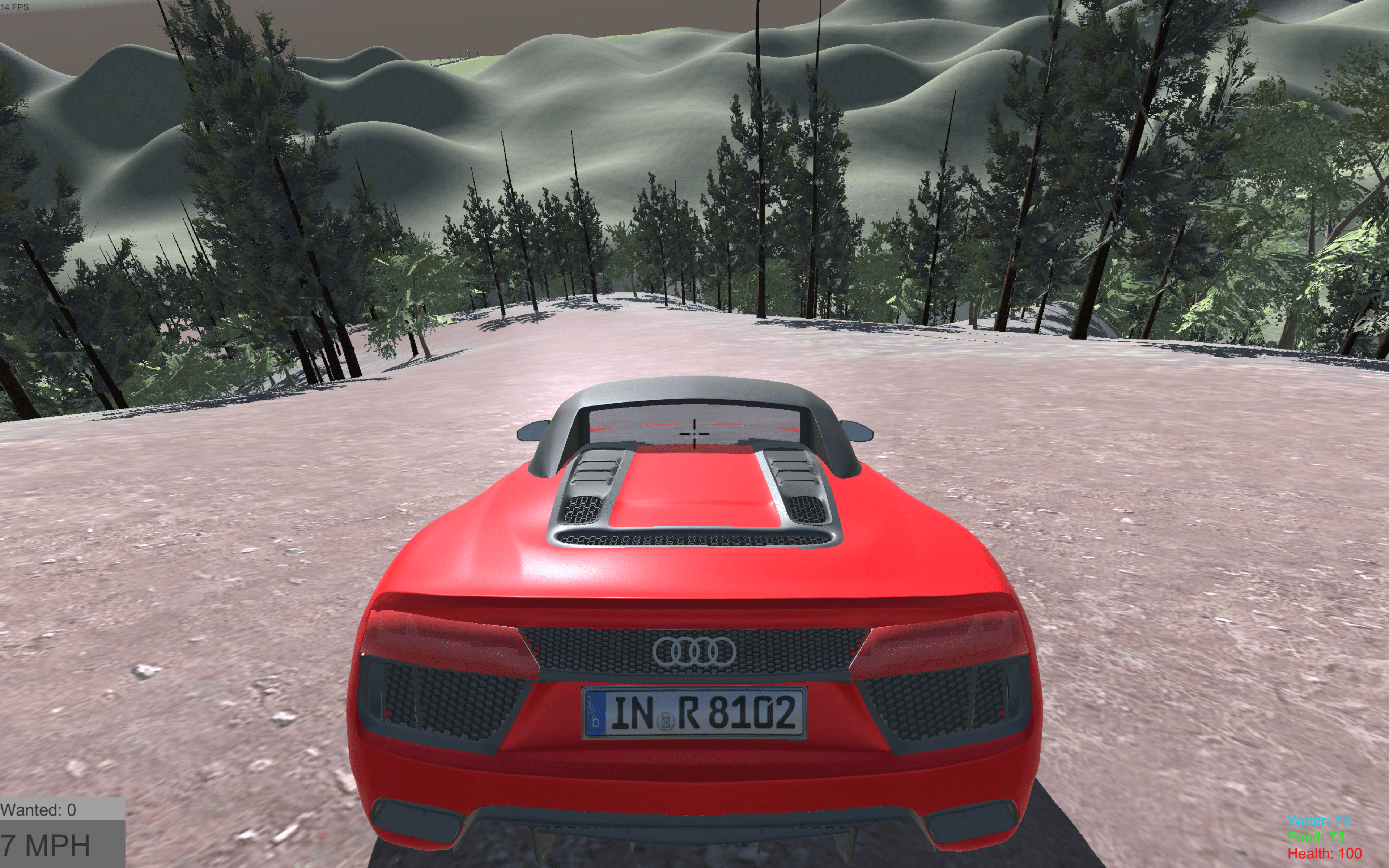 Virtual red Audi R8 drives down hill on a wide dirt surrounded by trees