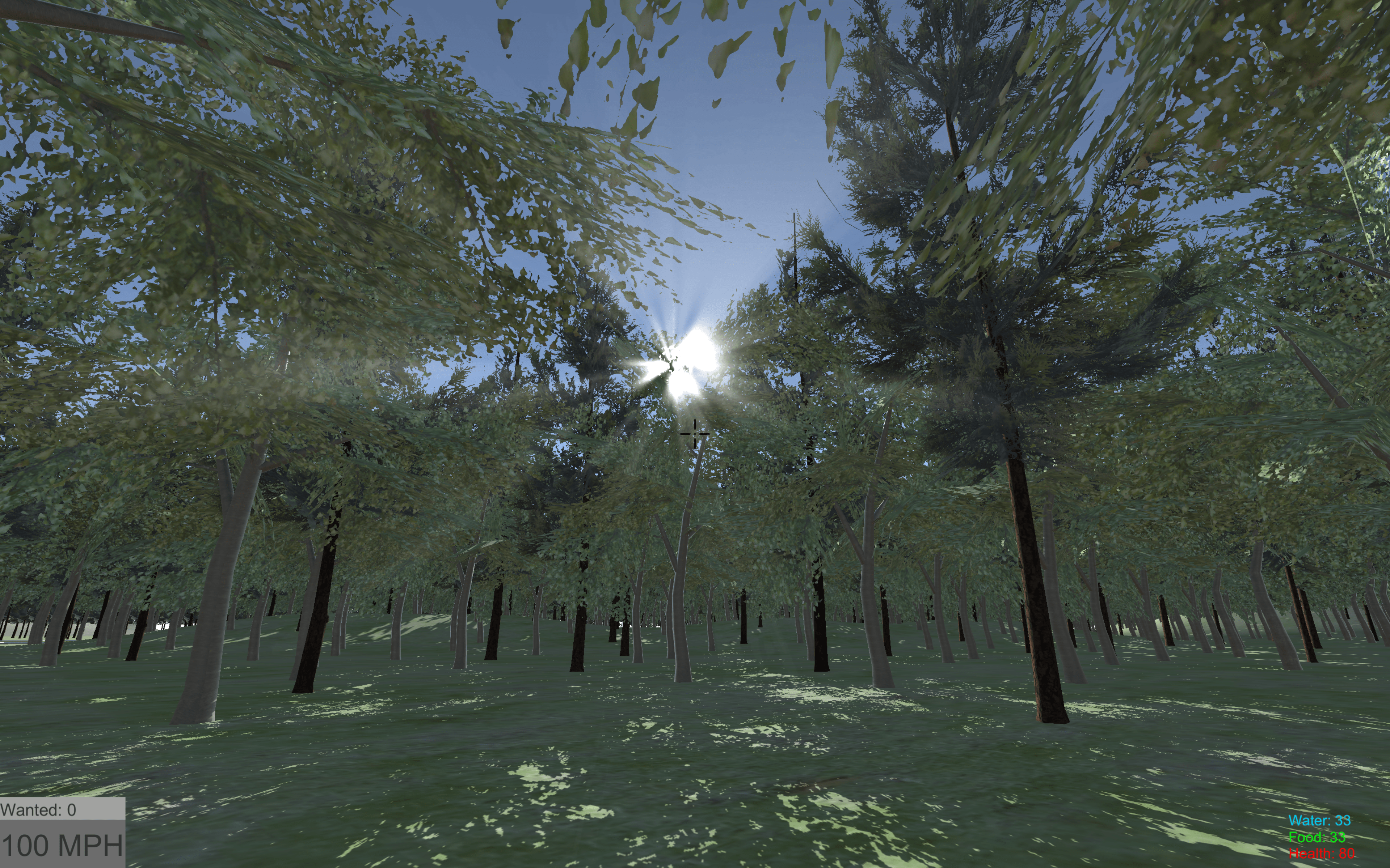 Sun rays shine through forest of virtual trees