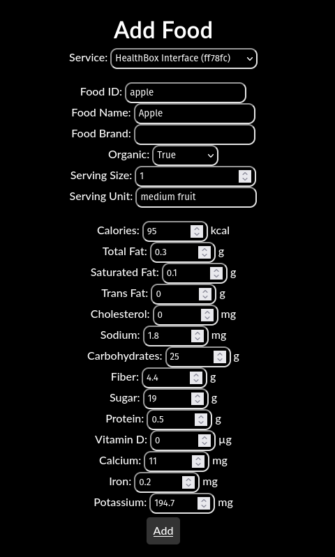 A screenshot of a web-form where the user has entered the nutrition information for an apple.