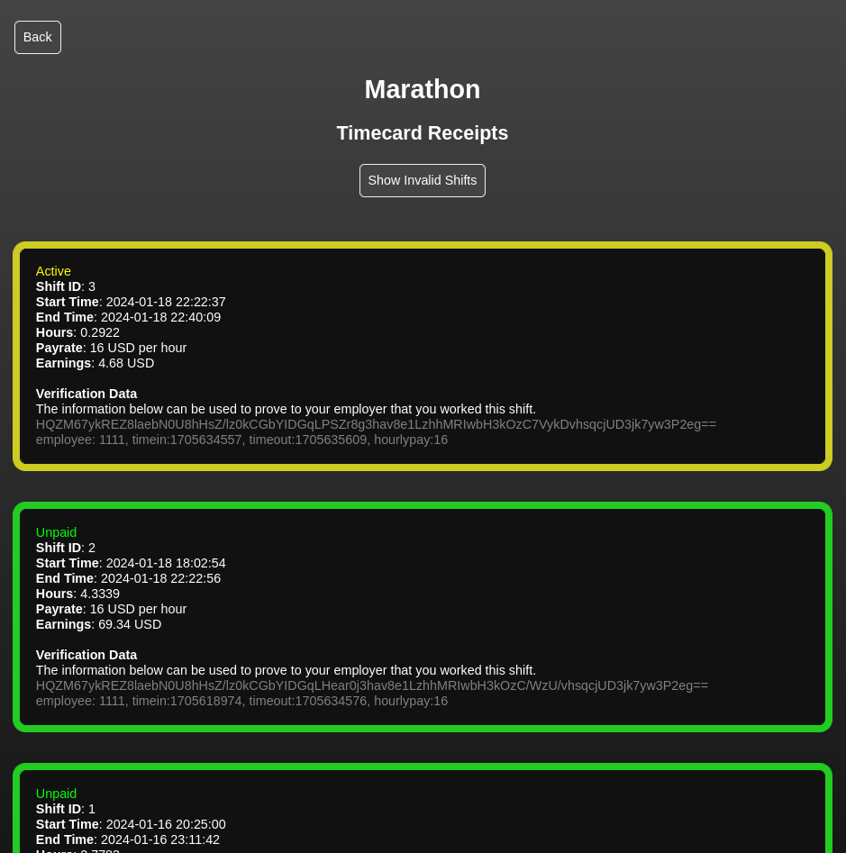 Marathon's defining feature is the 'shift verification hash', which allows employees to cryptographically prove that they worked a given shift.