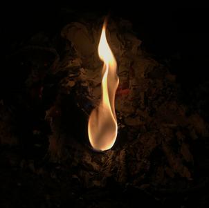 A small orange flame, surrounded immediately by dimly lit ash, then darkness