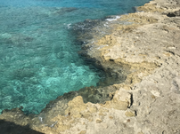 A rocky, uneven shoreling taken from a top down view roughly 10 feet above, with light colored jagged rocks on the right and clear, light blue tinted water on the left