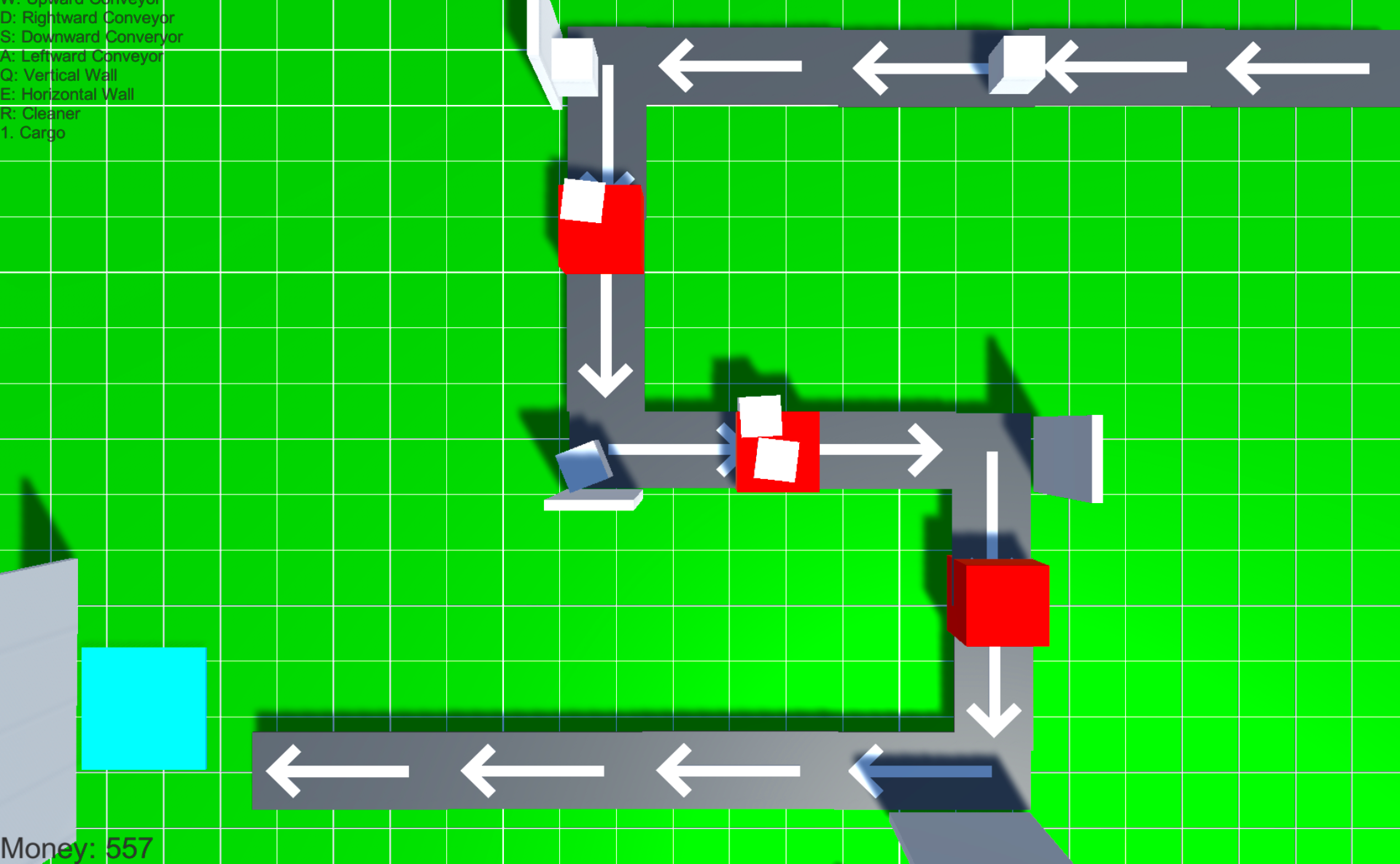 A screenshot of a Production factory with an S shaped conveyor belt