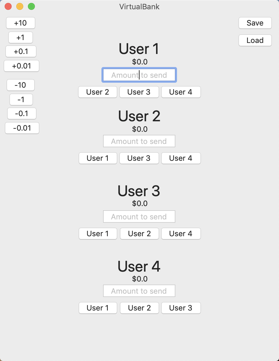 A screenshot of the main VirtualBank interface in light mode